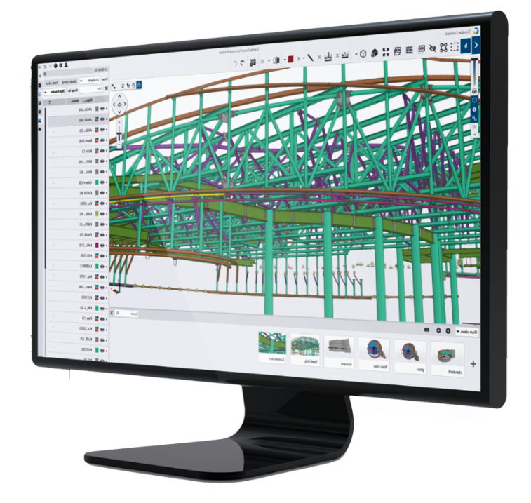 Computer monitor displaying 3D architectural design software with a structural model of a building's frame.