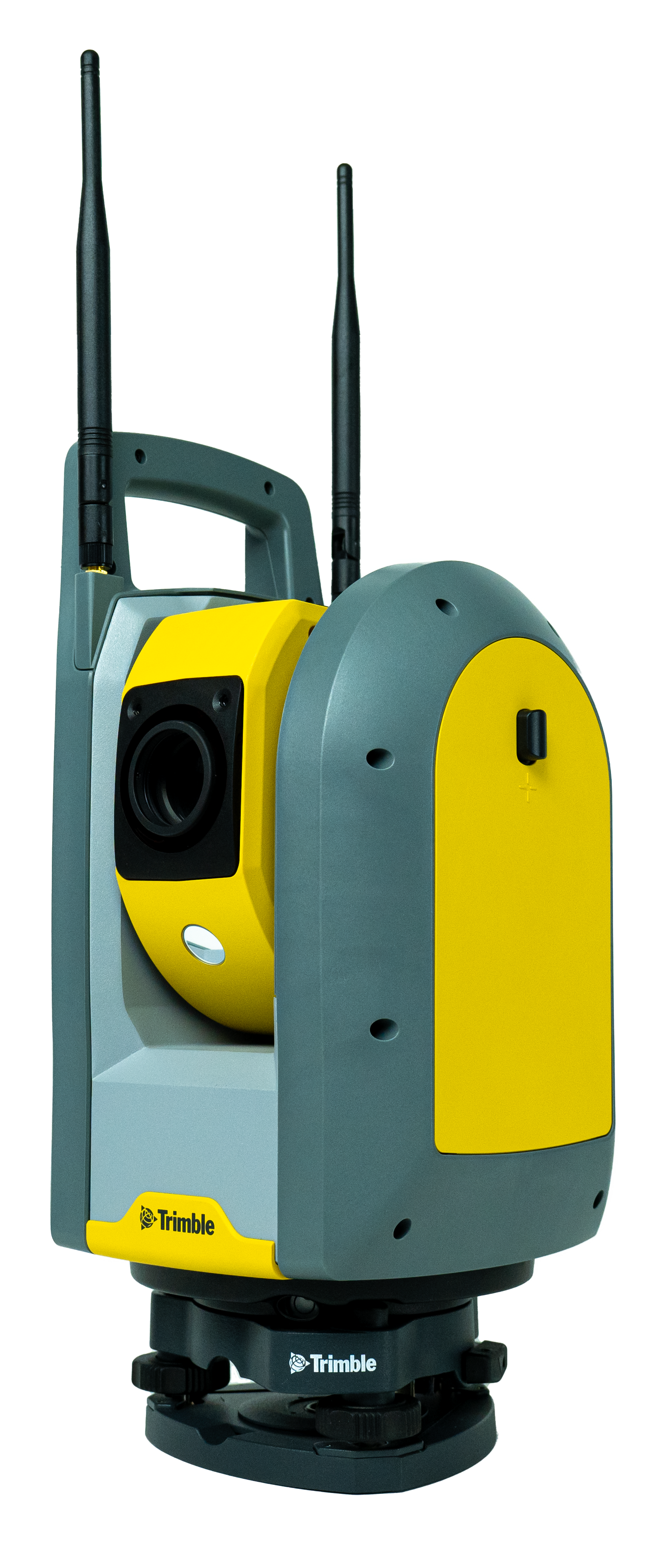 Trimble total station surveying instrument with dual antennas and yellow and gray casing.