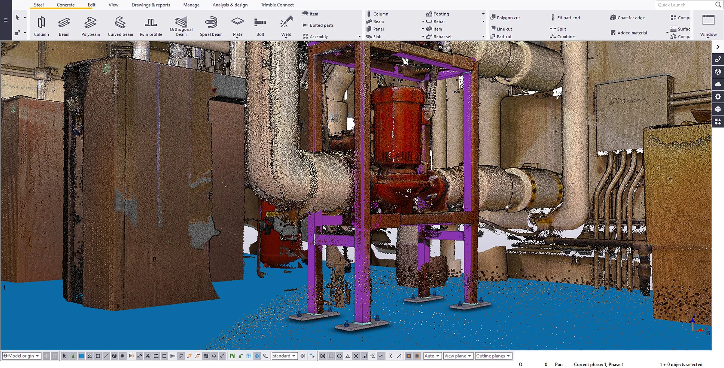 3D model of industrial pipes and machinery in software interface