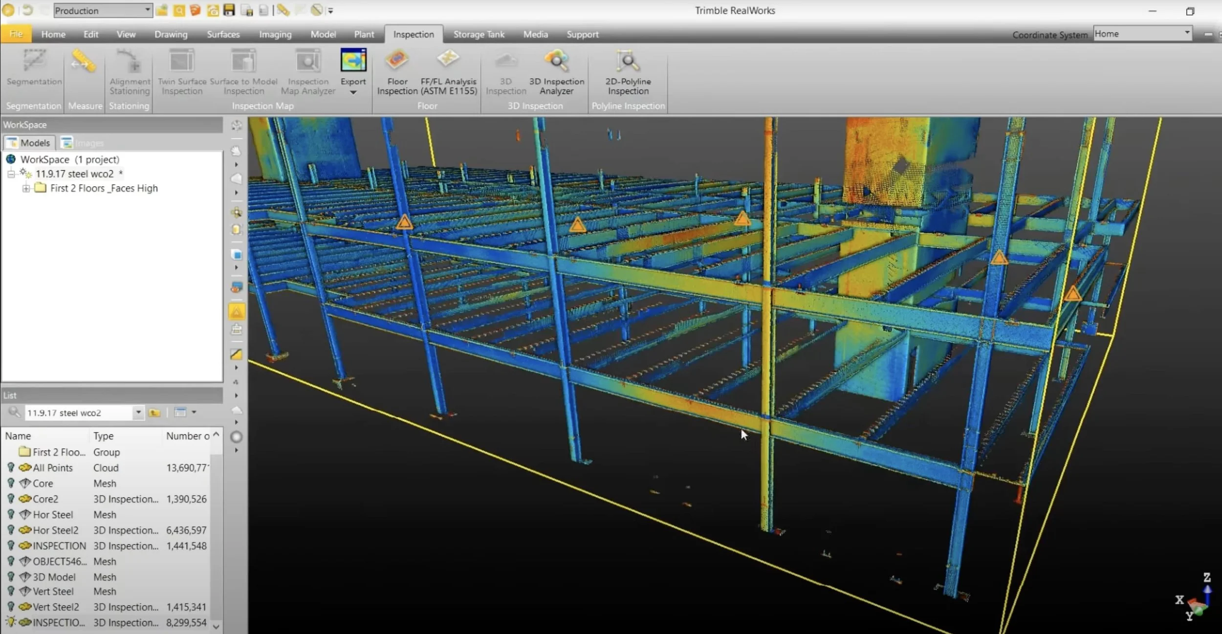 3D modeling interface displaying a steel structure in Trimble RealWorks software with point cloud data and analysis tools visible.