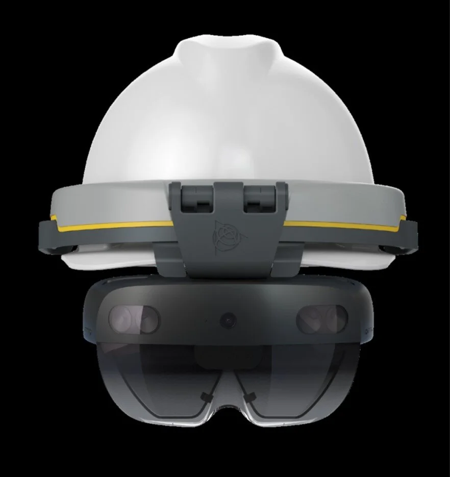 Augmented reality headset with safety helmet attachment, front view.