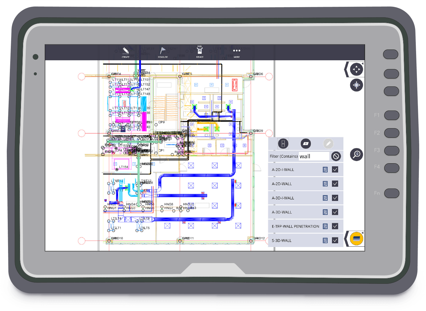 Tablet displaying a digital floor plan with color-coded lines and architectural details.