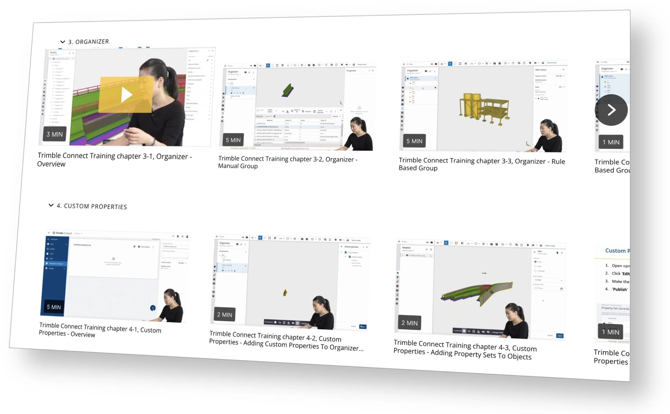 Screenshot of a tutorial video playlist showing steps for customizing properties in Trimble Connect, with thumbnail images of the software interface and a woman speaker.
