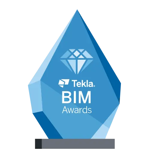 Blue crystal Tekla BIM Awards trophy with a diamond logo design.