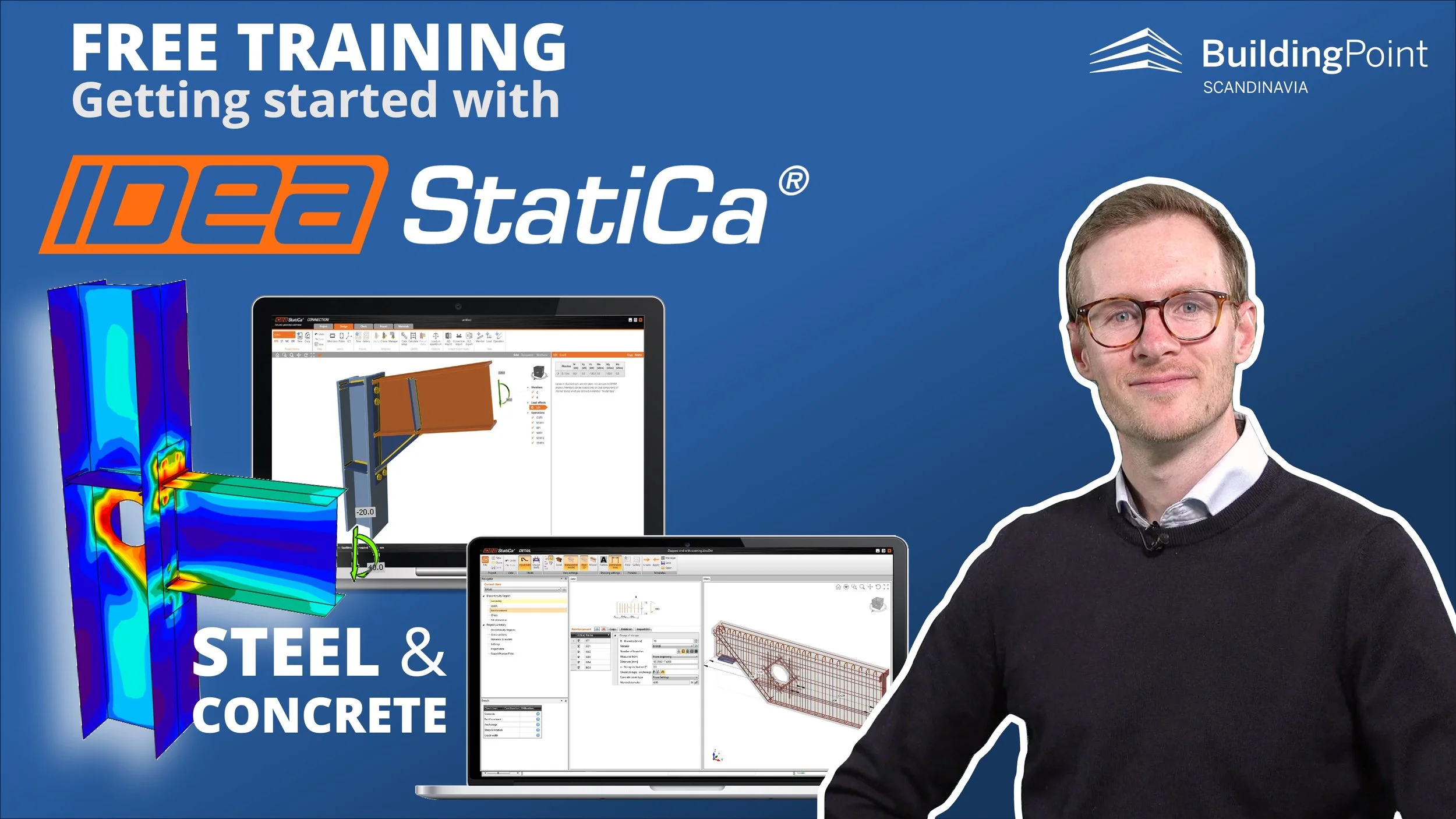 An advertisement for free training on using IDEA StatiCa software for steel and concrete design is displayed. The image features a man with glasses, two laptops showing software interfaces, and colorful 3D models. The BuildingPoint Scandinavia logo is visible in the top right corner.