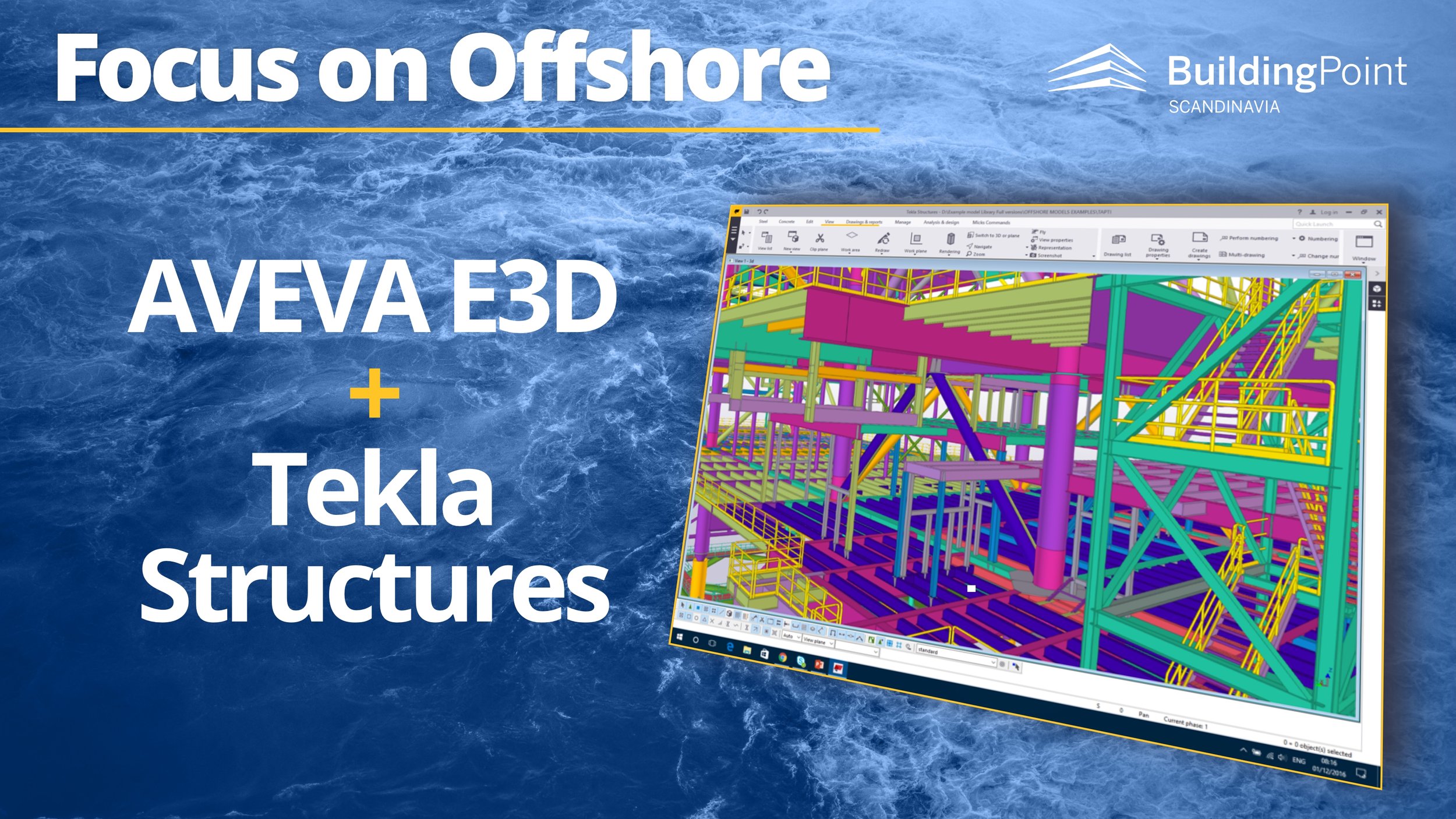 Promotional banner featuring 'Focus on Offshore' with logos for AVEVA E3D and Tekla Structures, alongside a colorful 3D structural design on a computer screen.