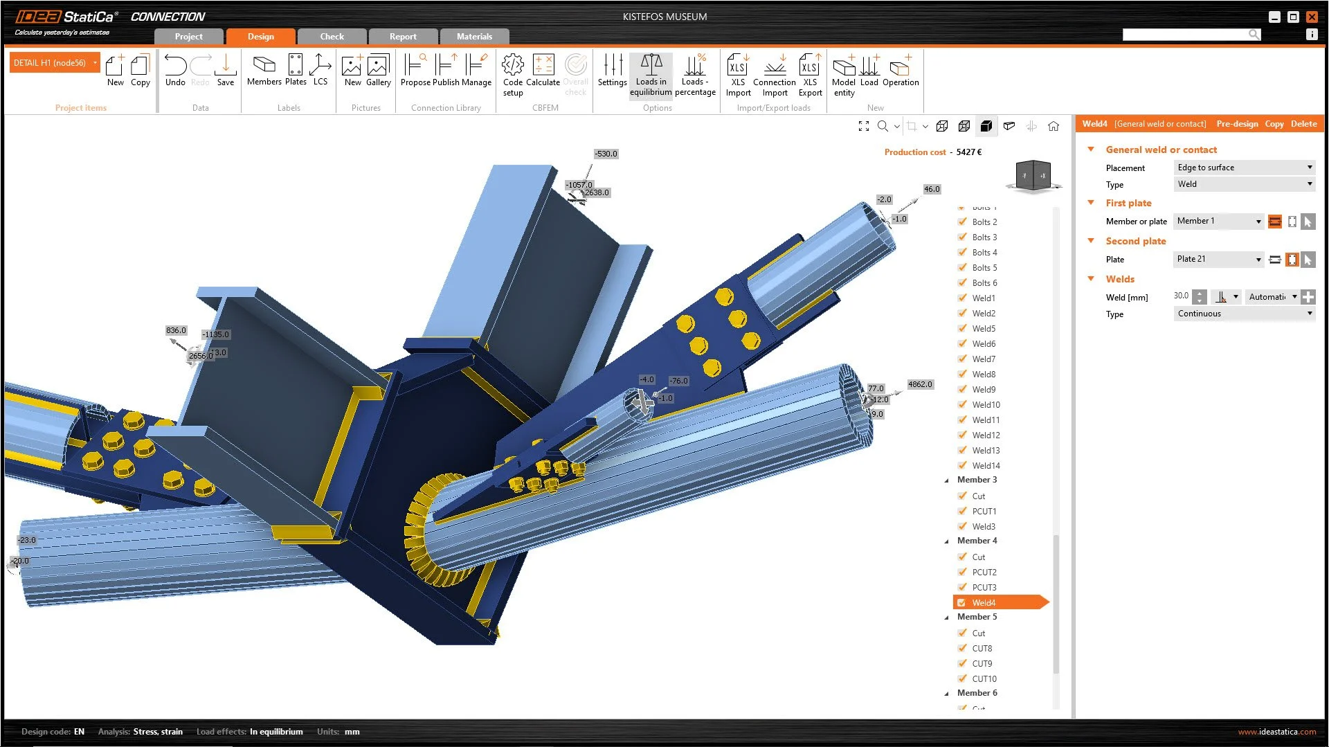 Software interface showing a 3D model of a steel structure connection with I-beams and bolts, featuring measurement annotations and a design parameters panel on the right. The toolbar at the top indicates design options and tools.