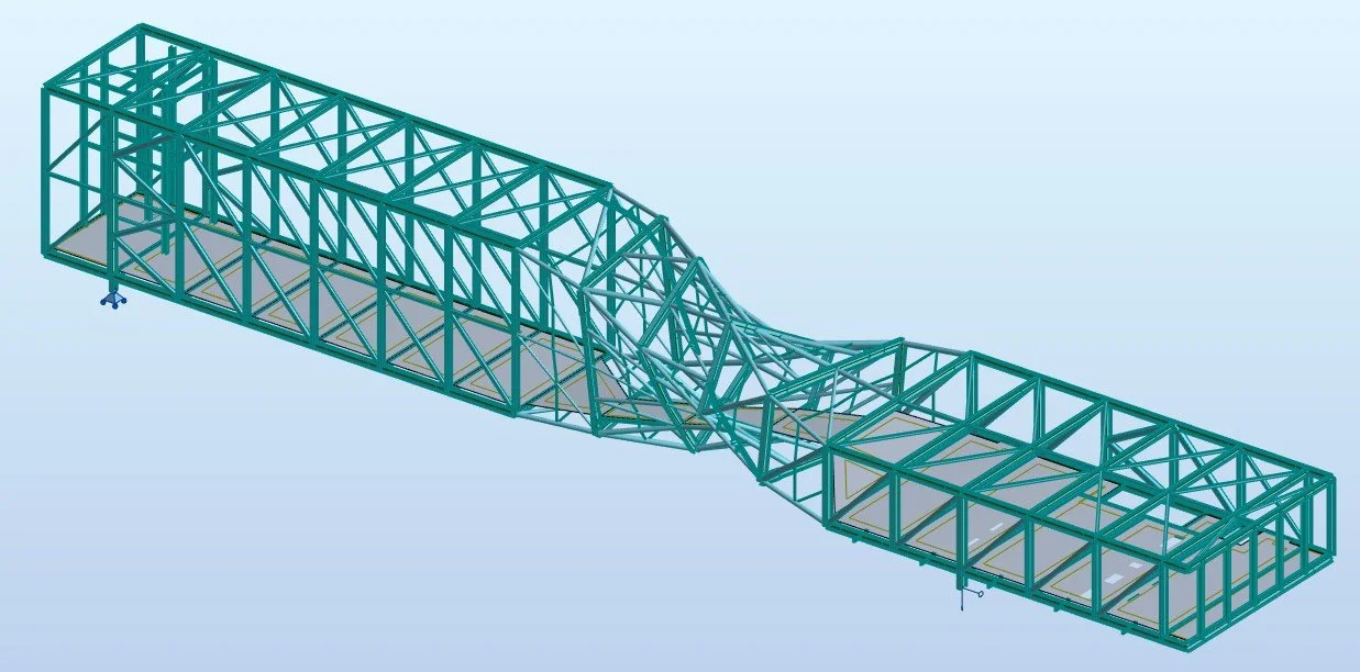 3D model of a twisted steel truss bridge structure