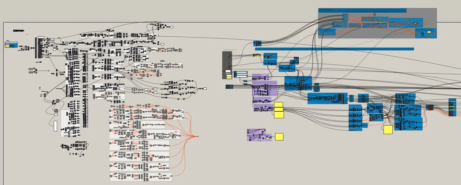 Complex visual programming interface with interconnected nodes and lines