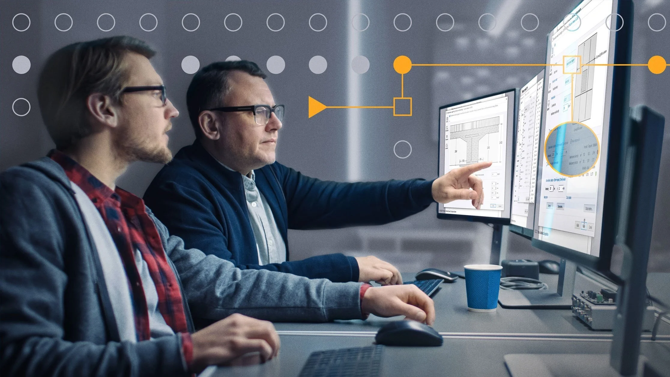 Two men analyzing data on computer screens in an office setting, surrounded by digital graphics and diagrams.