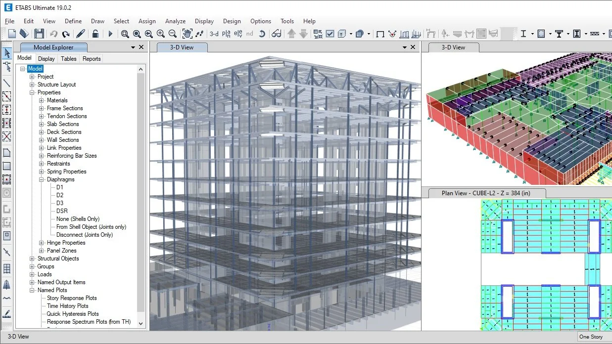 ETABS software interface showing a 3D model of a building structure and its plan view layout, with options and tools visible on the screen.