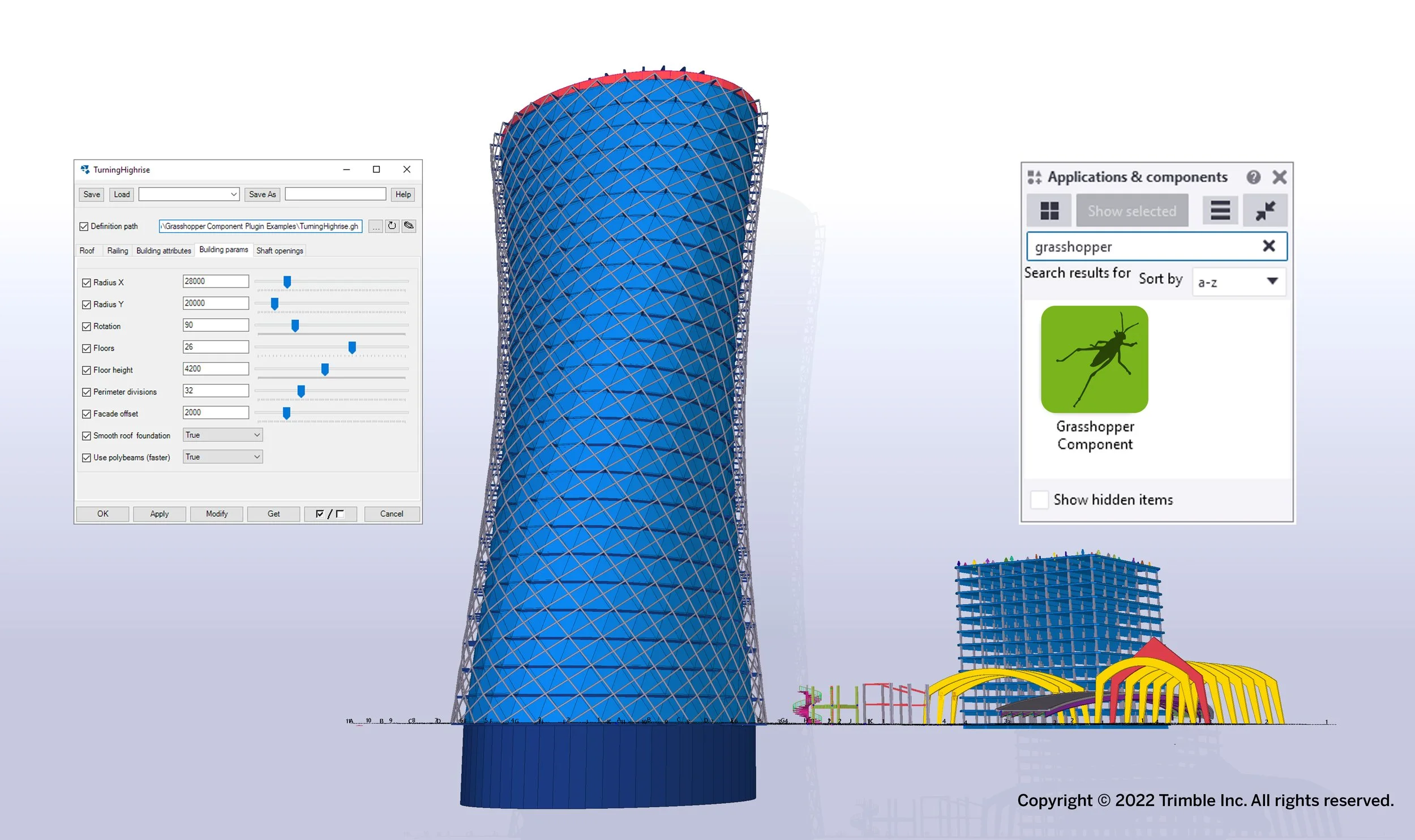 3D model of a twisting high-rise building design with a blue facade, displayed in architectural software interface with design parameters and a "Grasshopper Component" search window.