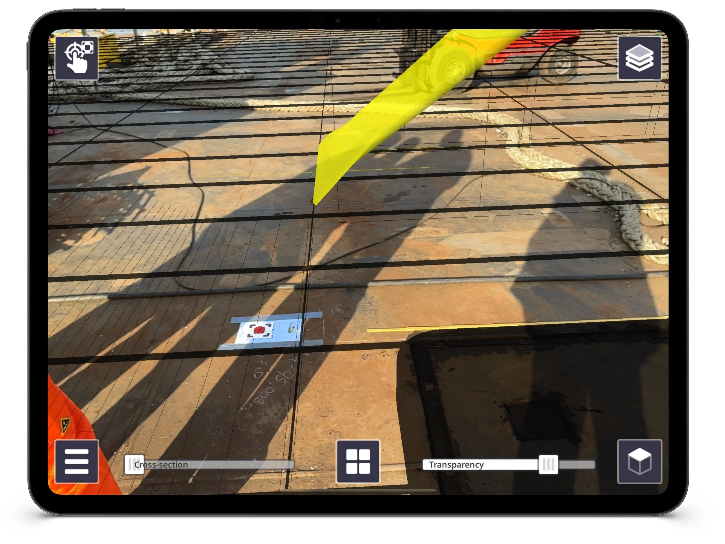Trimble SiteVision Core - Construction site viewed through a digital overlay on a tablet, showing a yellow safety tape, a rope, and a construction sign on the ground.