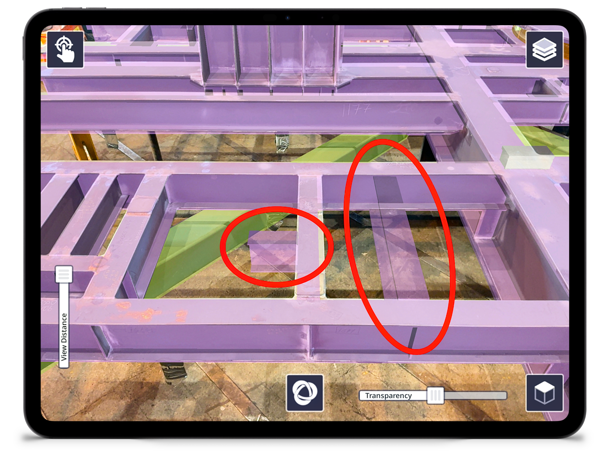 Trimble SiteVision Core - Interior view of a purple metal framework structure with red circles highlighting specific areas, displayed on a tablet screen with editing tools.