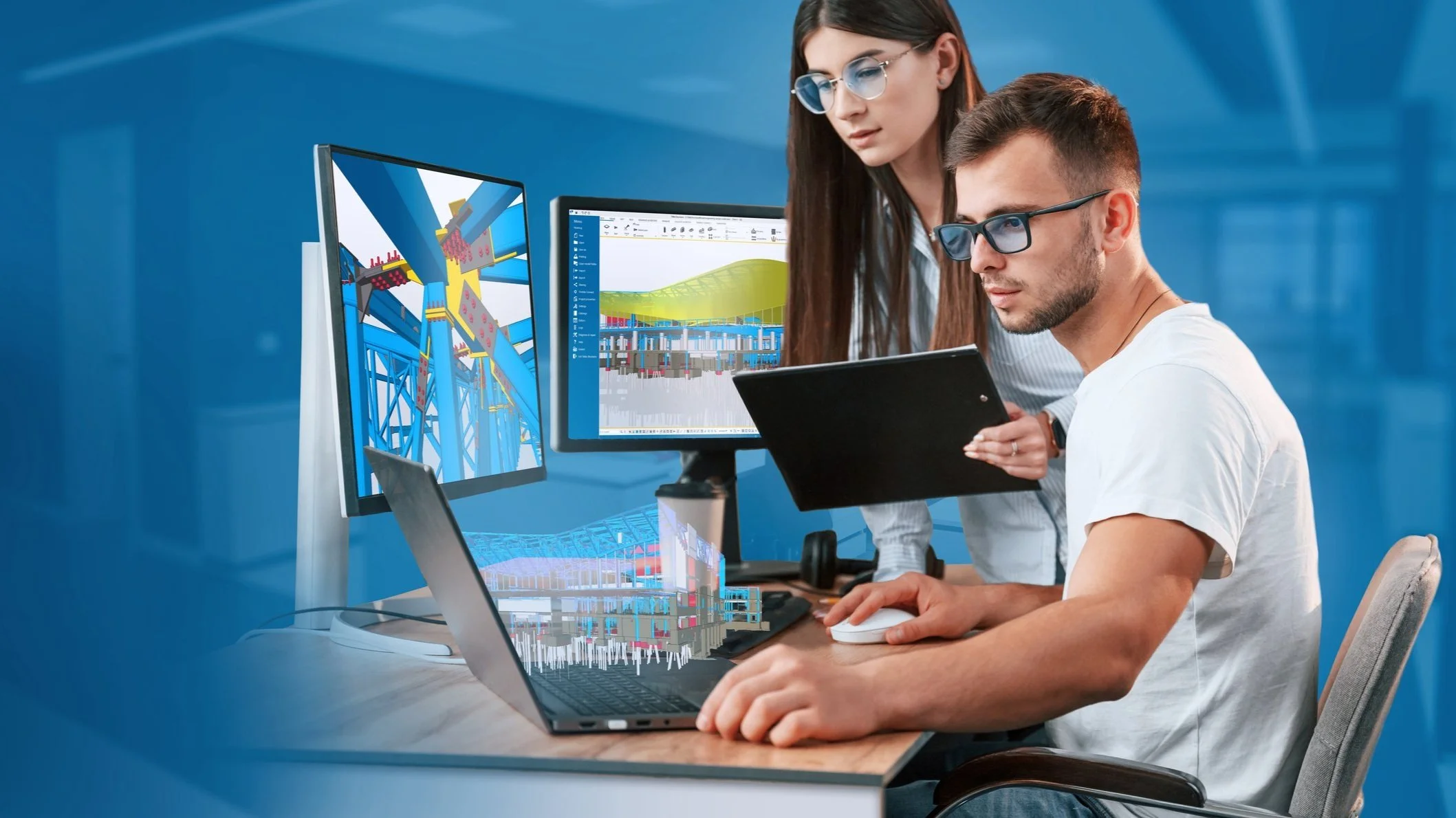Two engineers working on a construction project, analyzing 3D models on multiple monitors, with construction designs displayed on the screens.