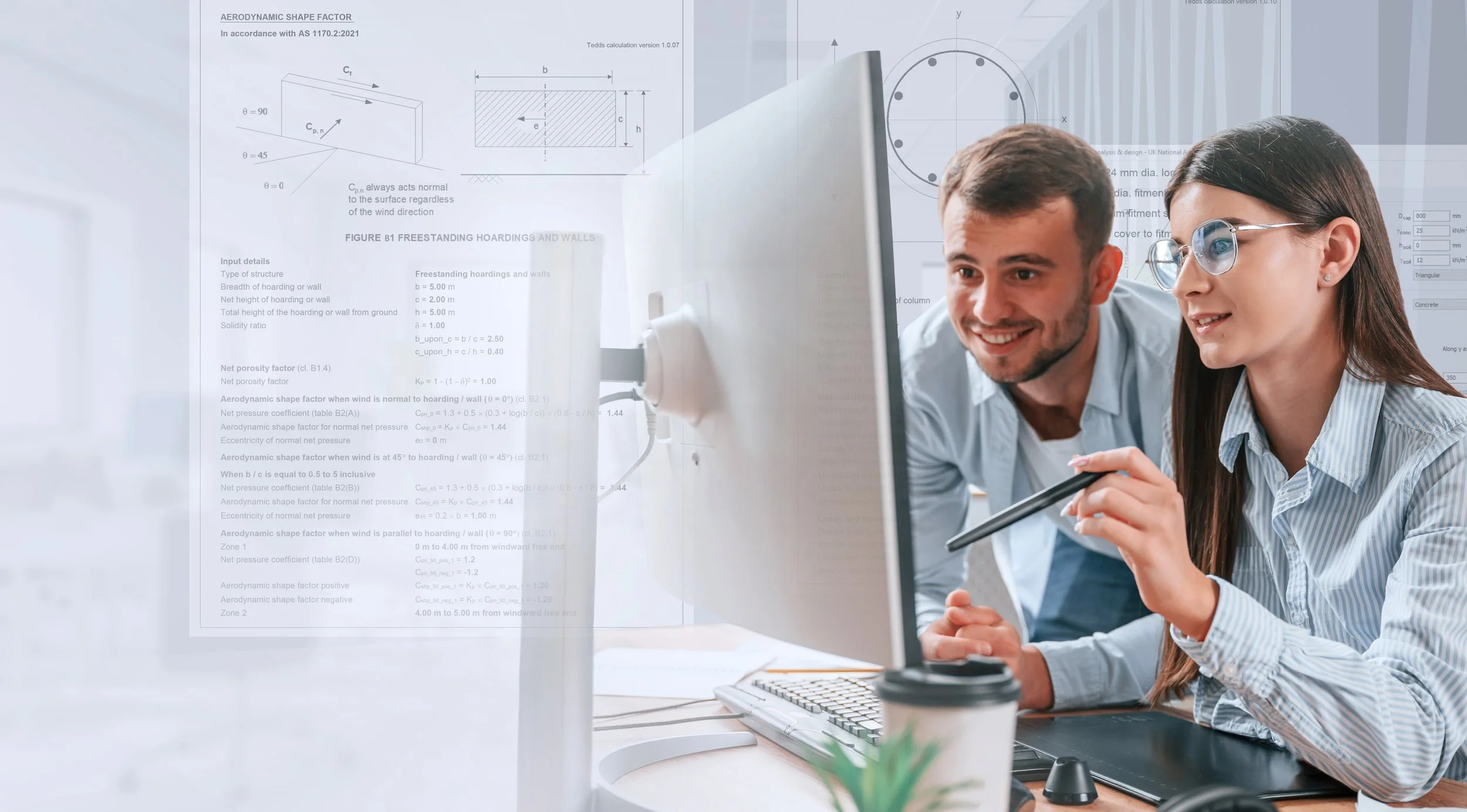 Two people looking at a computer screen, with blueprints and text overlays in the background, in an office setting.