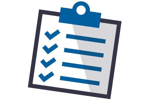 Clipboard with a checklist and five blue checkmarks.