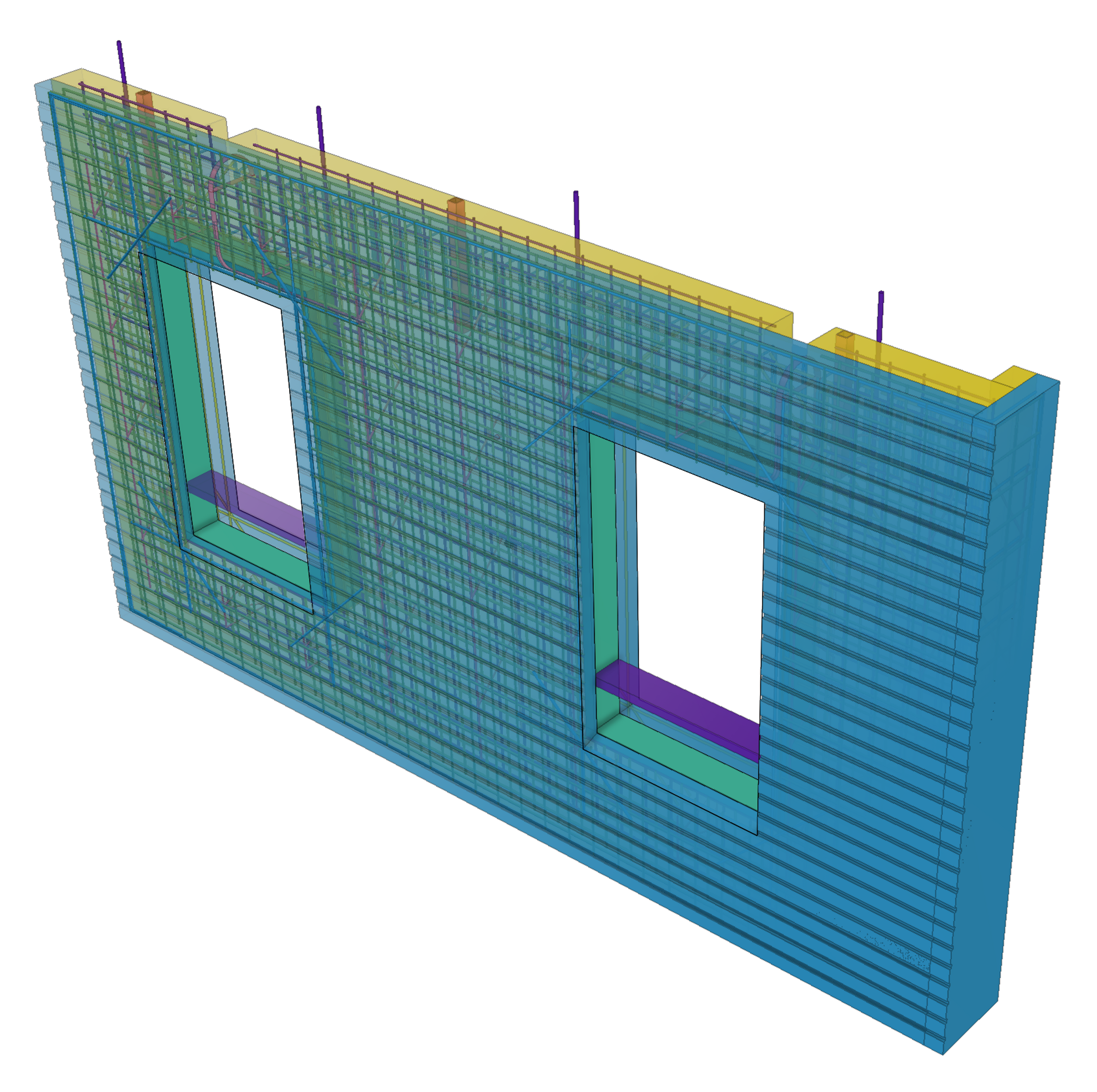 3D model of a building with visible steel frame, walls, and structural components in various colors.