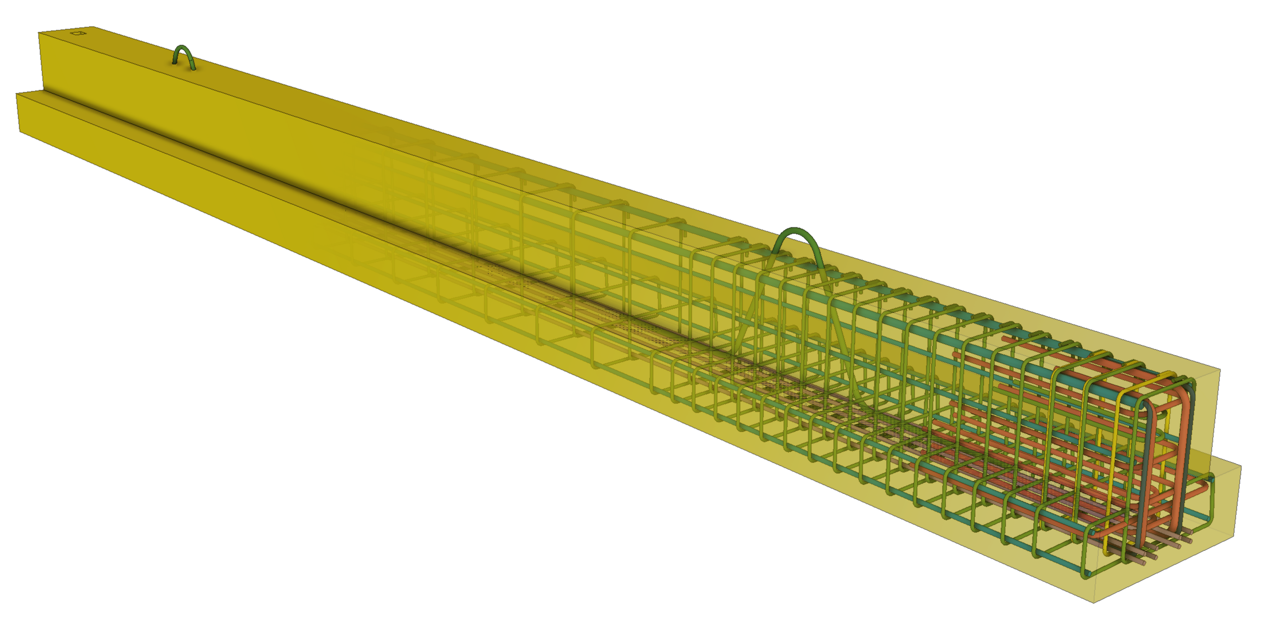 Computer-aided design model of a long, rectangular industrial structure with multiple colored metal frames and support components.