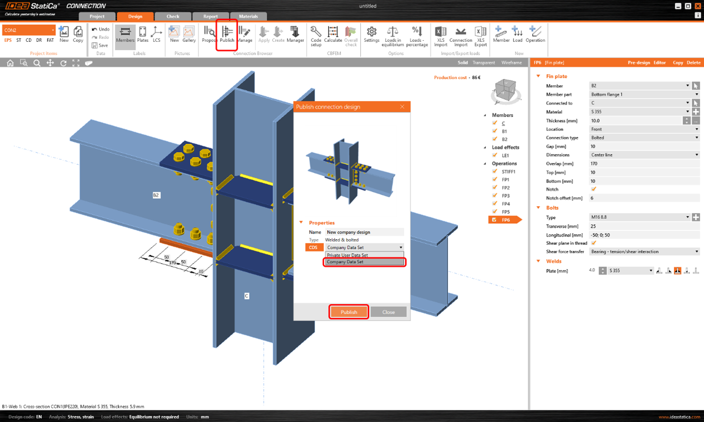 Screenshot of a computer-aided design (CAD) software interface displaying a mechanical connection with 3D models, design properties, and a pop-up window for publishing connection design data.