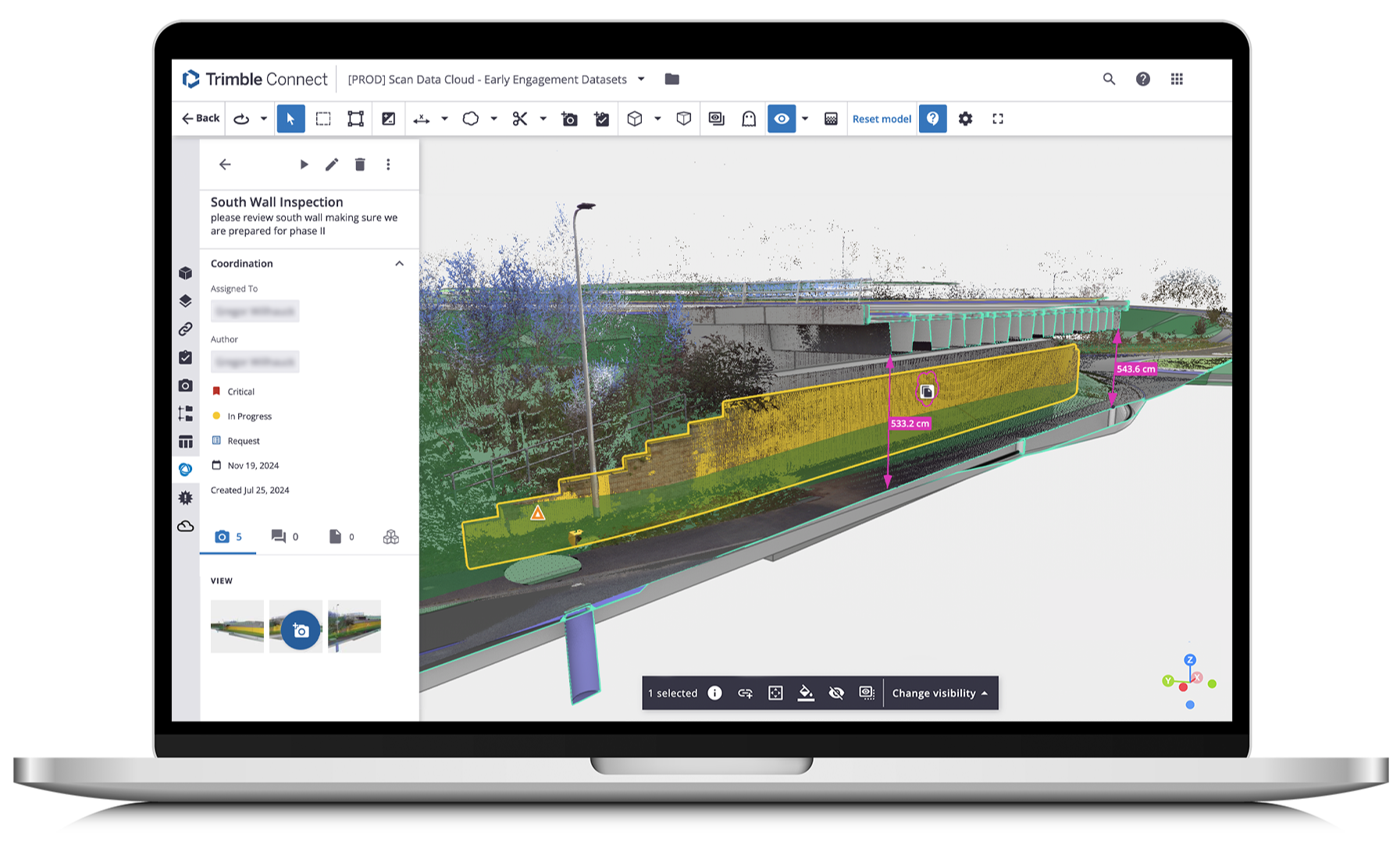 Laptop displaying Trimble Connect software with a 3D model of a bridge and surrounding area, showing measurement annotations and an inspection note for a south wall.