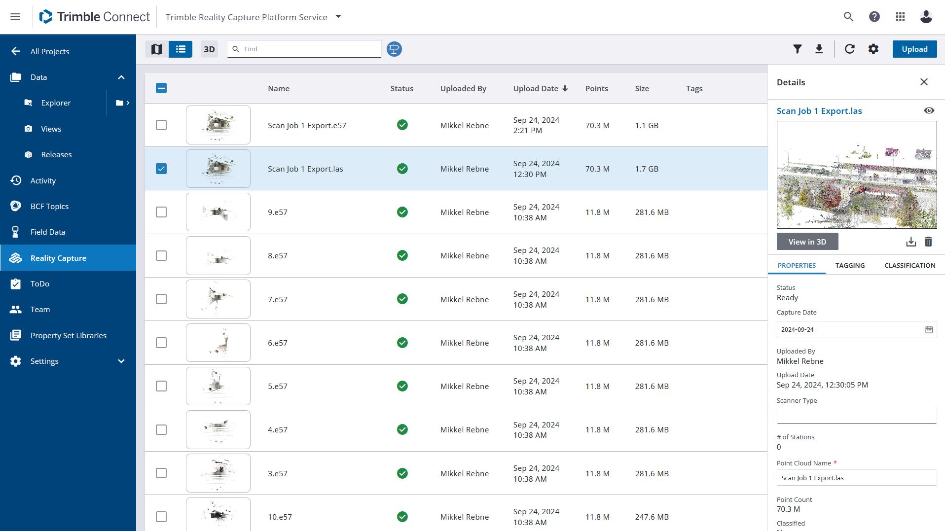 Screenshot of Trimble Connect platform displaying a list of reality capture files with details such as file names, status, uploader, upload date, points, size, and tags. The highlighted entry shows detailed properties including status, capture date, uploaded by, upload date, file size, and preview image with a 3D view option.
