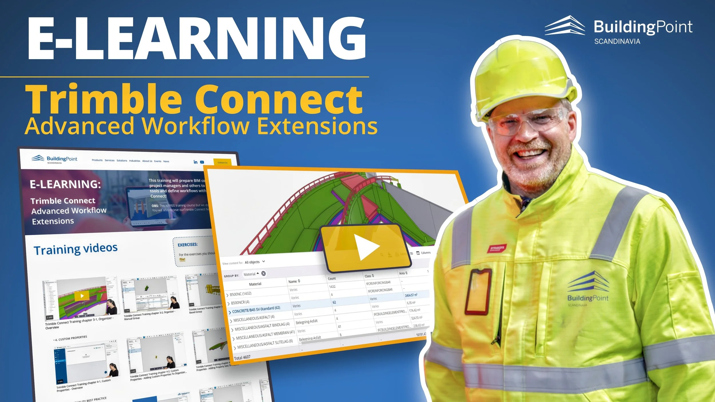 Poster for "E-Learning: Trimble Connect Advanced Workflow Extensions" by BuildingPoint Scandinavia, featuring a construction worker in high-visibility gear, and a screenshot of an online training module with 3D modeling and workflow exercises.