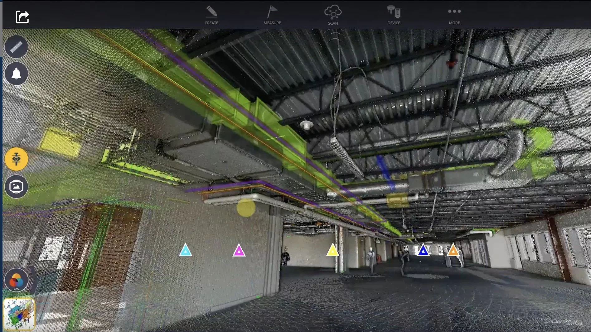 Digital representation of a building's interior with exposed ductwork and pipes on the ceiling, viewed in a modeling or augmented reality program. Various colored lines and markers indicate different elements, with two people visible in the distance.