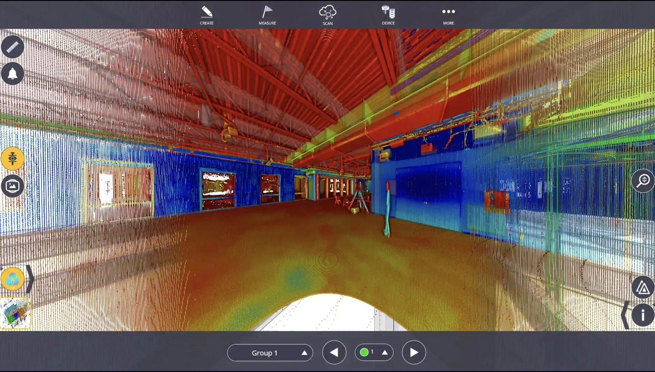 3D laser scan visualization of an indoor space with color-coded surfaces and structural details visible.