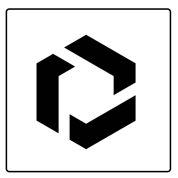 Black and white line drawing of a geometric 3D cube with an open side, viewed from an angle.