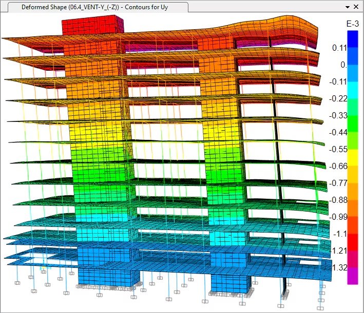 A color-coded 3D structural analysis of a multi-story building showing deformation levels across floors, with a color scale from purple to blue indicating the amount of deformation.