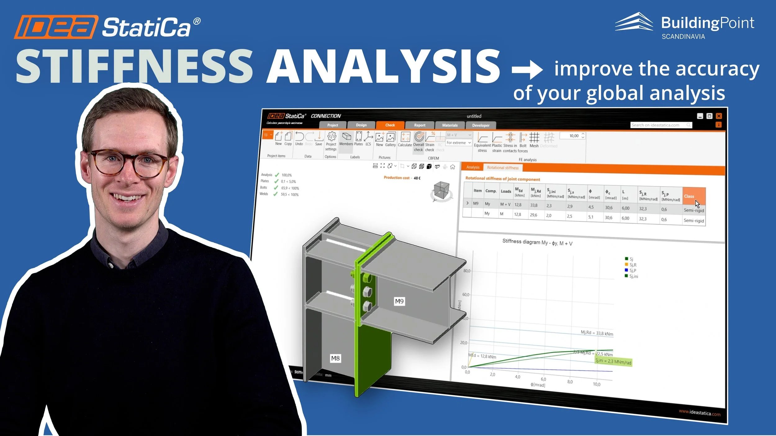 Man smiling in front of a blue background with a digital presentation on structural analysis and stiffness testing, including graphs and data tables.