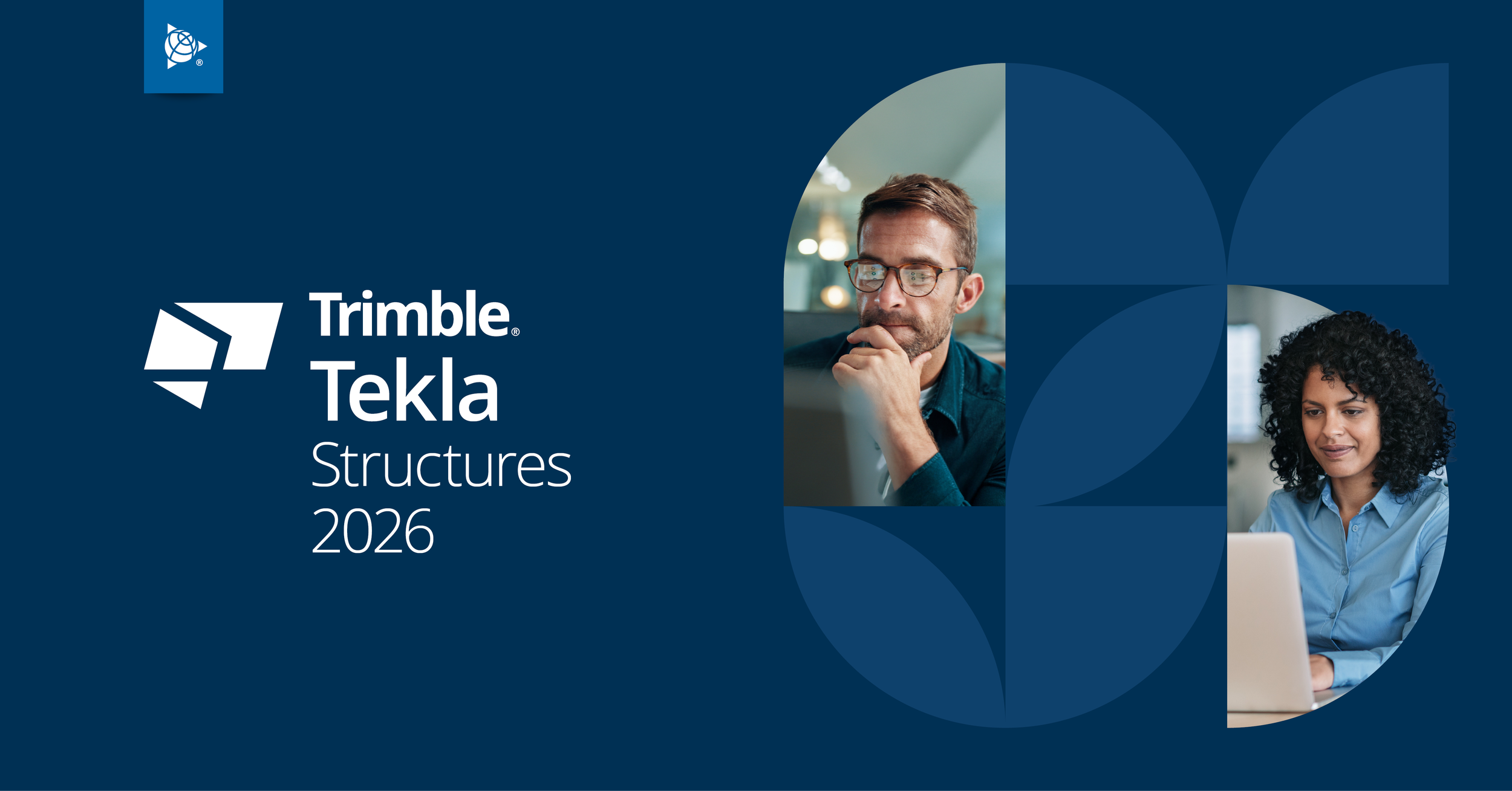 Cover page of a brochure for Trimble Tekla Structures 2026 featuring the Trimble logo, the title 'Tekla Structures 2026', and images of a man and a woman working on computers, set against a dark blue background.