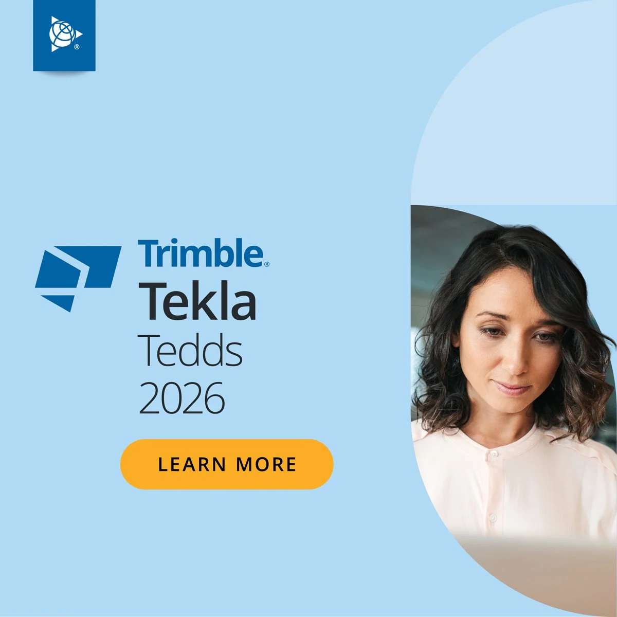 Promotional graphic for Trimble Tekla Tedds 2026 software, featuring a woman working on a laptop and a "Learn More" button.