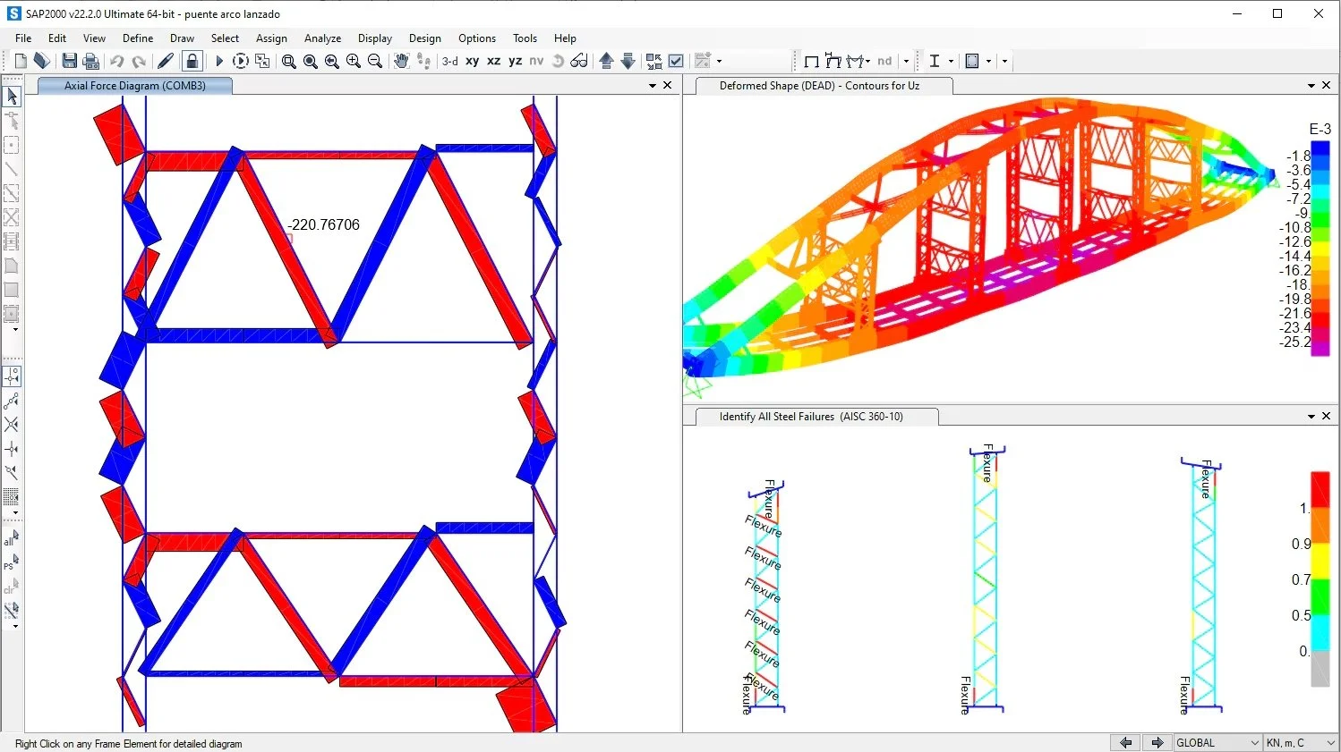 Structural analysis software showing a digital model of a steel bridge with stress, deformation, and failure visualizations.
