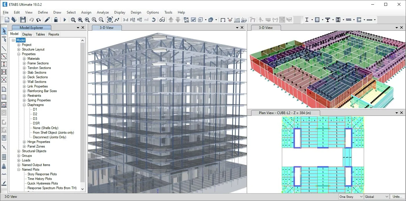 Screenshot of ETABS software showing three views of an architectural and structural design project, including a 3D model of a building's framework, a color-coded floor plan, and a detailed structural grid plan.
