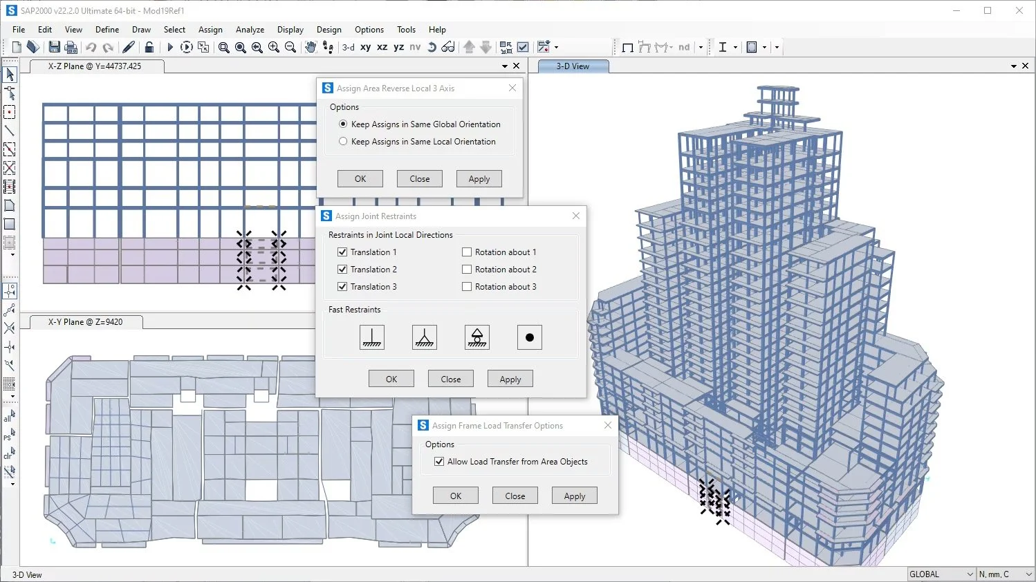 Screenshot of architectural design software displaying a 3D building model with multiple dialogue boxes for assigning area, joint restraints, and frame load transfer options.