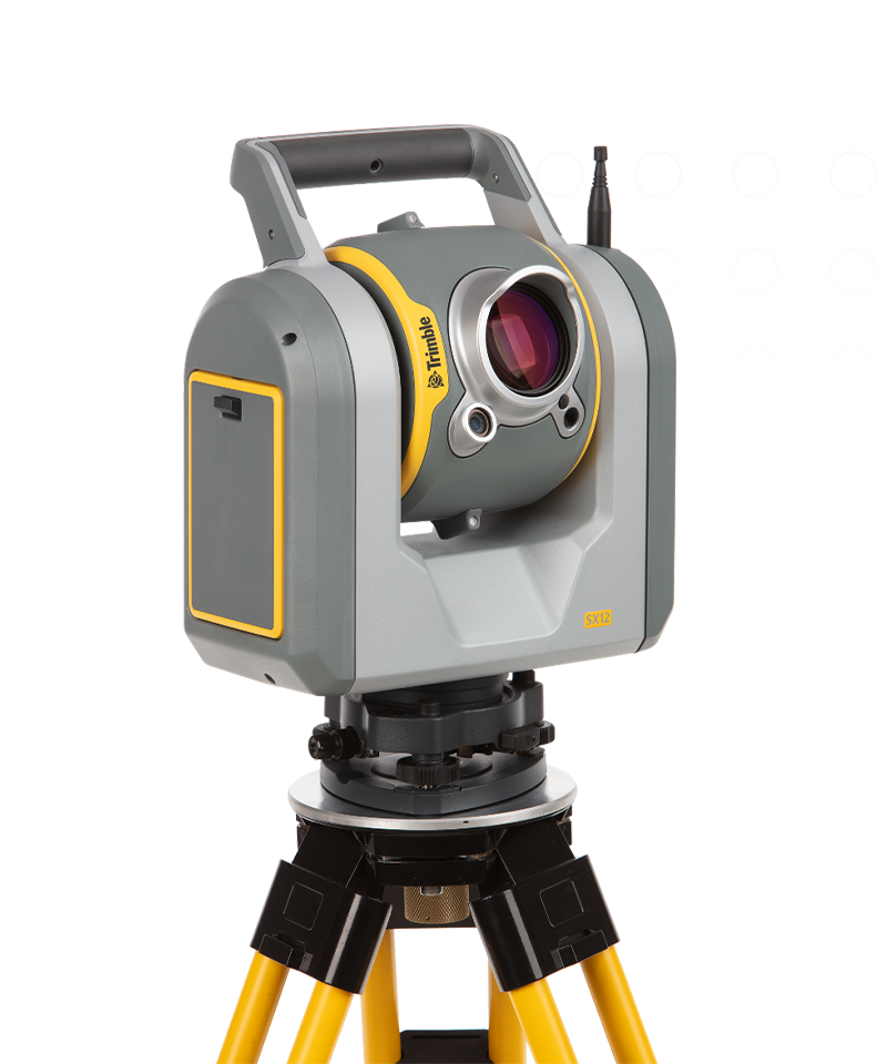 Trimble SX12 - A total station surveying instrument with scanning capabilities (gray and yellow casing, mounted on a tripod)