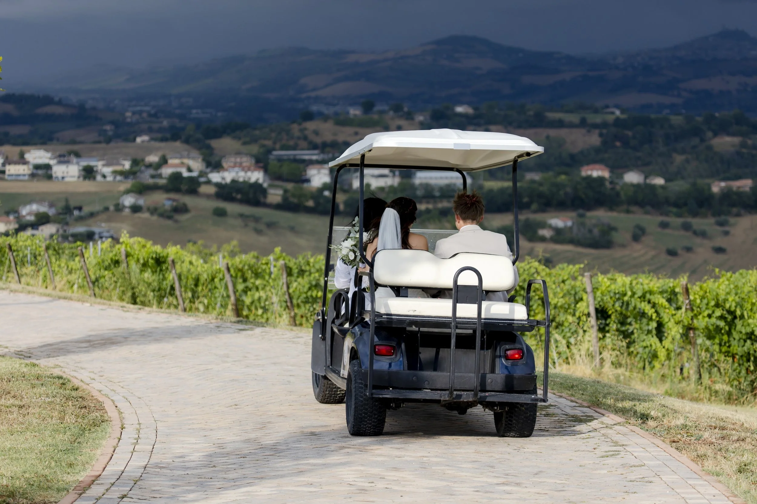A couple dressed in wedding attire sitting on the back of a golf cart driving on a paved path through a vineyard with rolling hills and houses in the background.