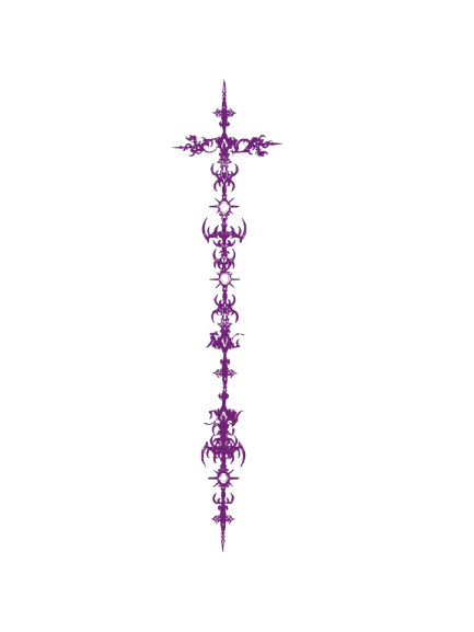 A detailed, symmetrical purple crucifix with decorative elements on a black background.