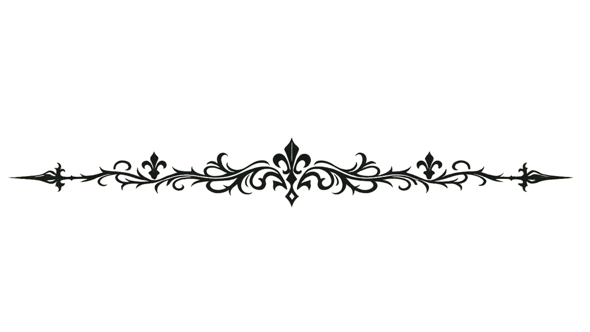 An ornate black decorative divider or ornament with intricate swirling patterns and a central fleur-de-lis motif, set against a background of red and black abstract digital art.