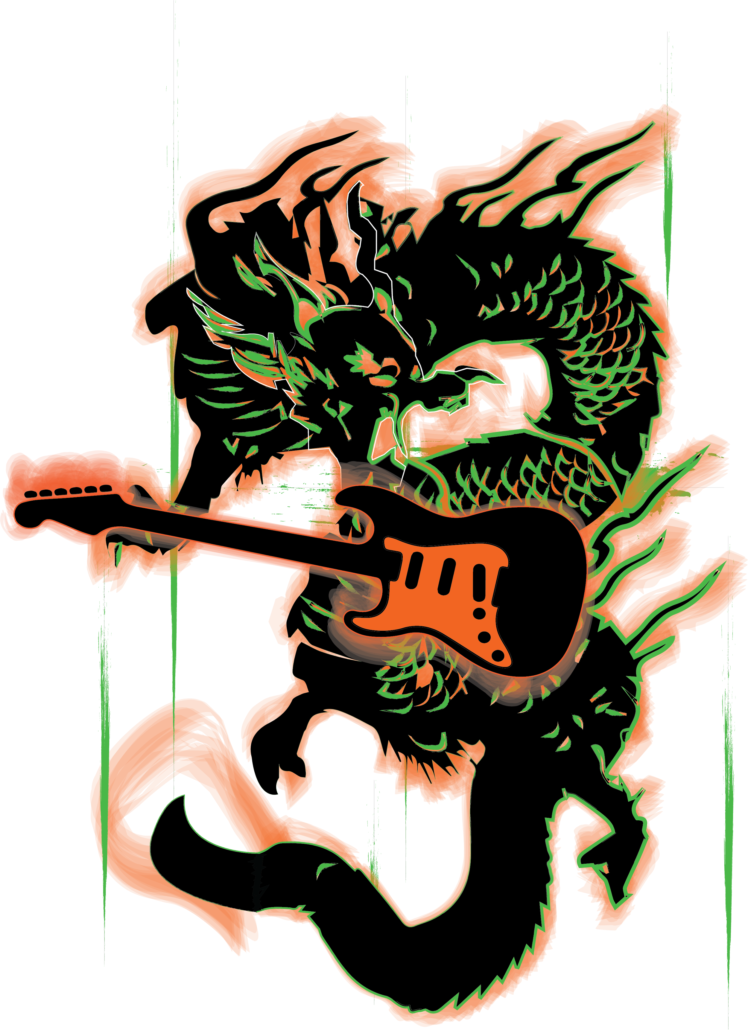 An illustrated dragon playing an electric guitar, rendered in black, orange, and green colors.