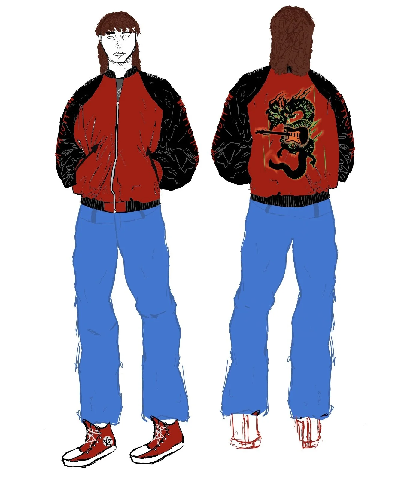 Drawing of a person wearing a red and black varsity jacket with a dragon and guitar design on the back, blue jeans, and red sneakers, shown from the front and back views.