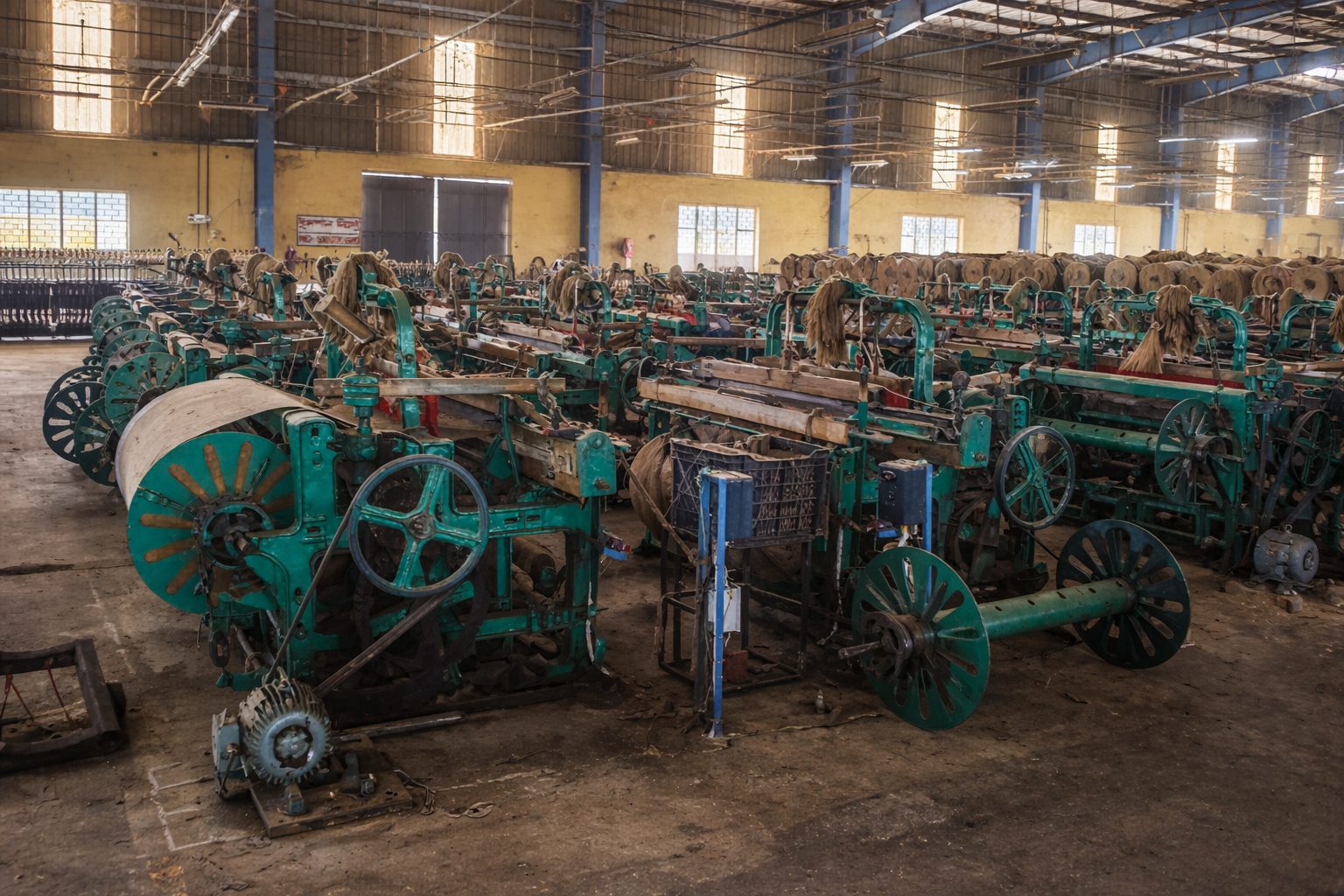 Old textile weaving machines inside a factory with yellow walls and a high ceiling, illuminated by natural light from windows.