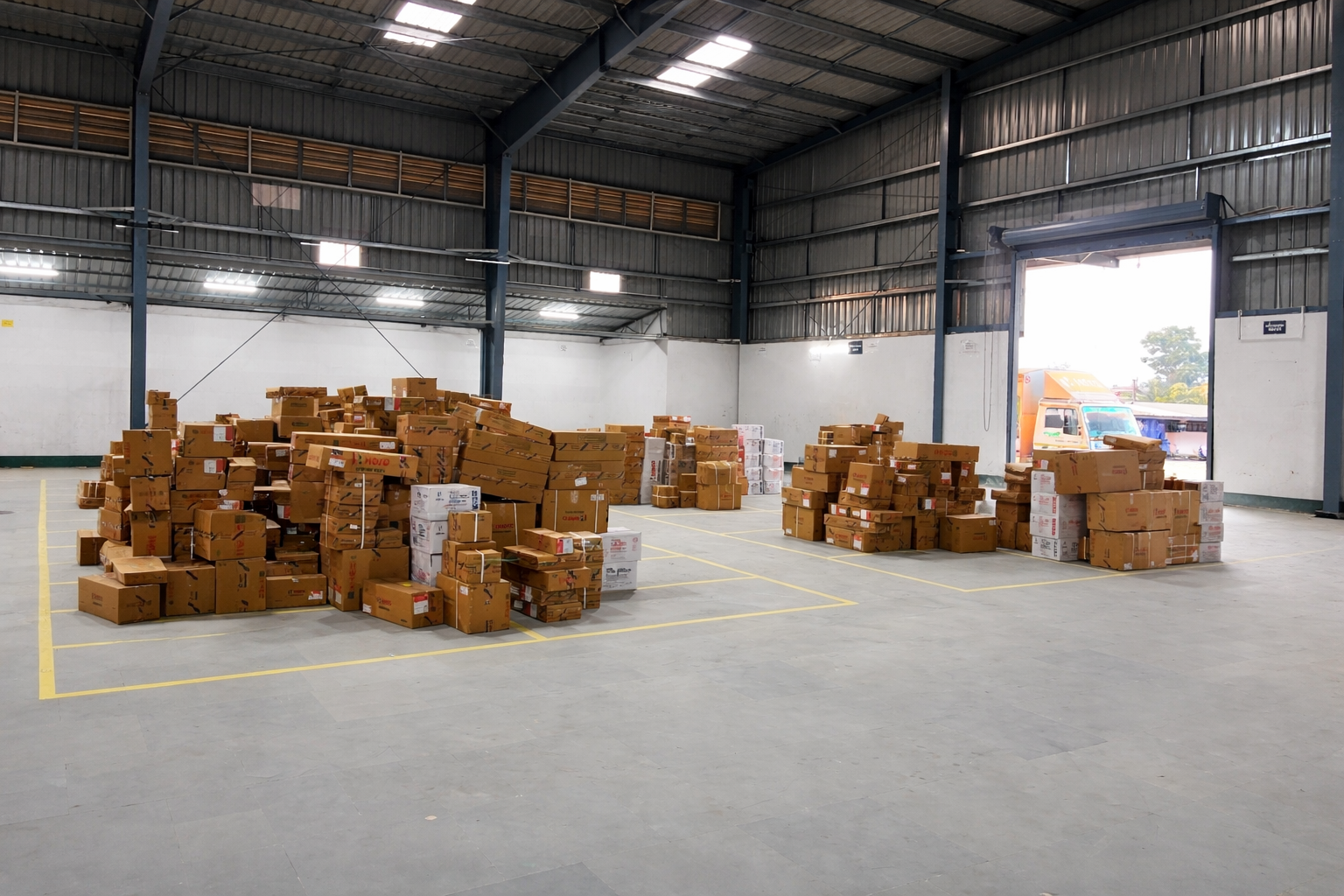 Warehouse with stacked cardboard boxes near the open garage door, through which a delivery truck is visible outside.