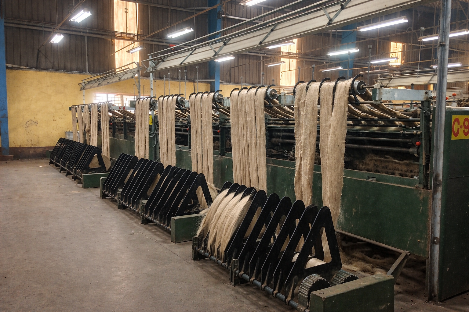 Industrial wool processing machine with hanging wool fibers and black racks in a factory setting.