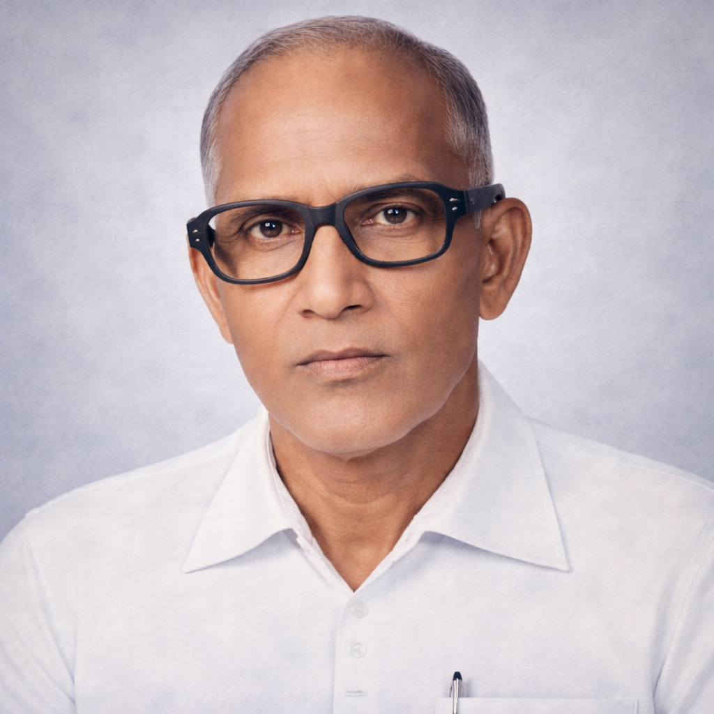 A middle-aged man with short gray hair wearing black-rimmed glasses and a white collared shirt, looking directly at the camera with a serious expression.