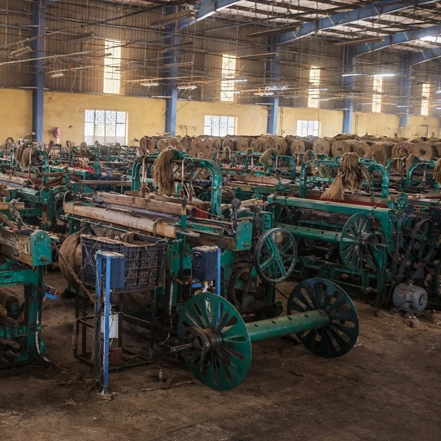 Industrial textile factory with multiple sewing machines and fabric spools in a large, cloudy warehouse.