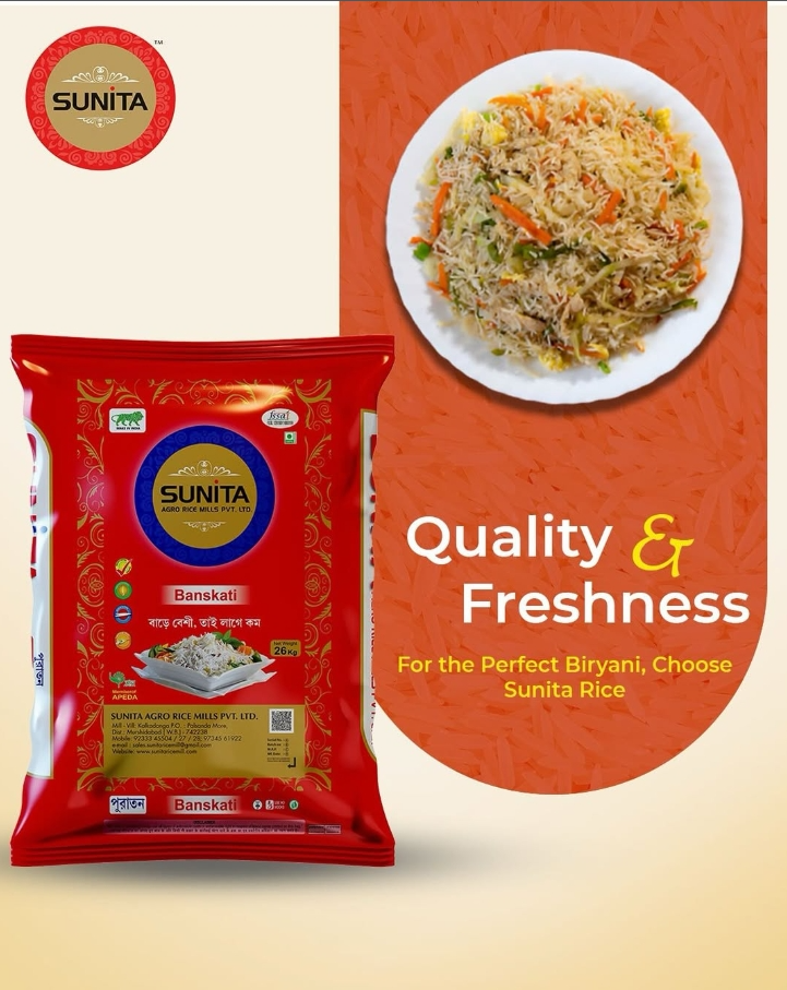 A red package of Sunita Banskati rice and a white plate of cooked rice with vegetables on an orange background with the text "Quality & Freshness" and "For the Perfect Biryani, Choose Sunita Rice."