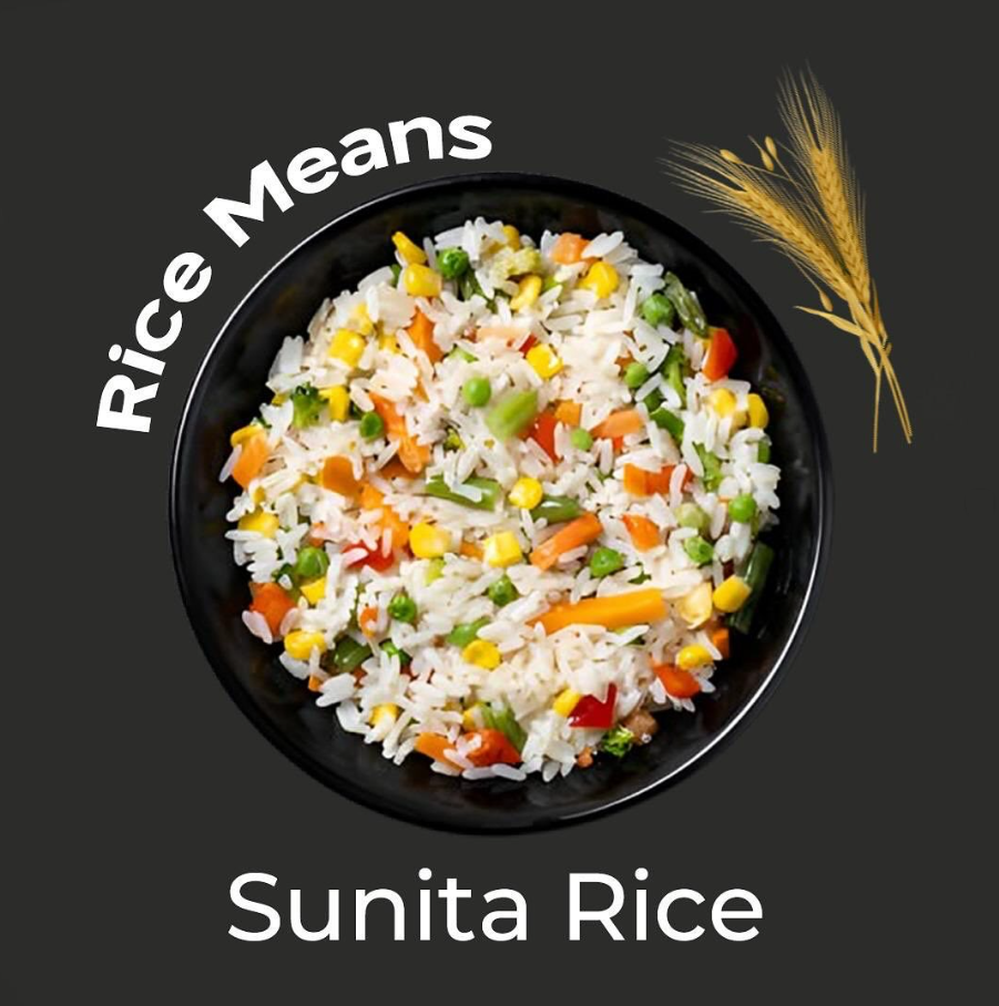 A bowl of mixed fried rice with vegetables, including peas, carrots, corn, and green onions, on a dark background with the text 'Rice Means' and 'Sunita Rice'.